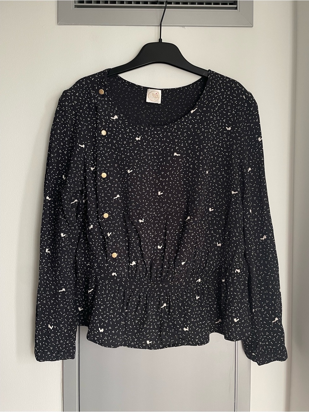 DES PETITS HAUTS Black Long Sleeve Peplum Button Top with White Micro Print - Picture 3 of 15